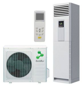 indoor and outdoor units of a column air conditioner with a remote control