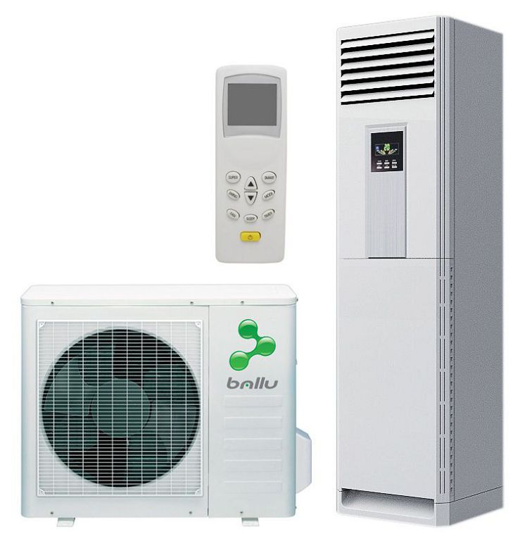 indoor and outdoor units of a column air conditioner with a remote control